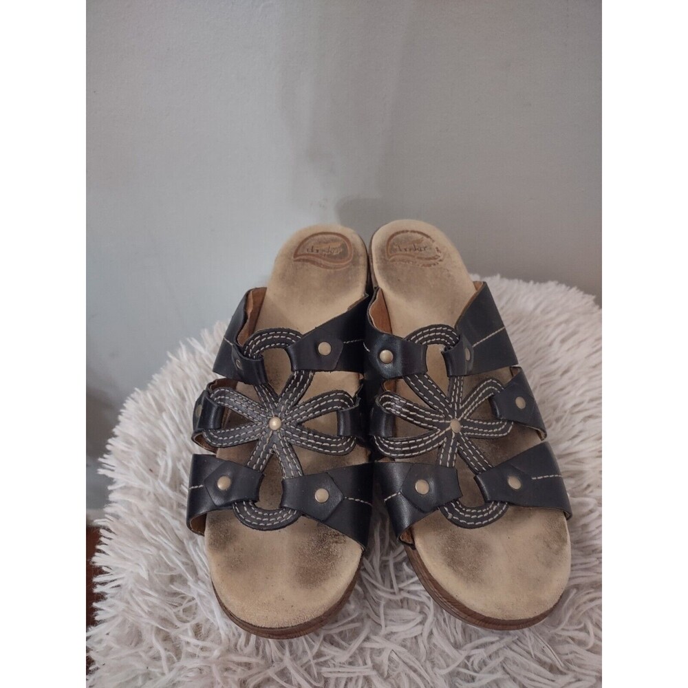 Dansko Serena Womens Black Leather Flower Slip-On Wedge Sandals Sz 41 US 10.5